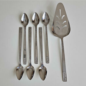 Customcraft Set of 6 Iced Tea Spoons & Pie Server Stainless Flatware Floral
